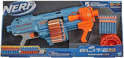 Nerf Elite 2.0 Shockwave RD-15 Blaster, 30 Nerf Darts, 15-Dart Rotating Drum, Pump-Action Slam Fire, Built-in Customising Capabilities 7.9 x 67.3 x 30.5 cm