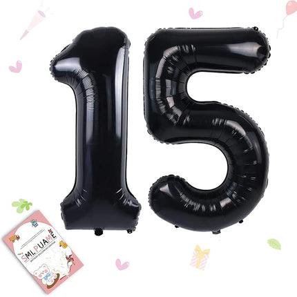 Smlpuame 40 inch Number Balloon 0-9 Black Large Number 15 Balloons,Digital Balloons for Birthday Party Celebration Decorations Supplies, Helium Foil Number Balloons for Wedding Anniversary