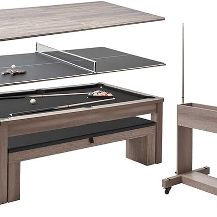 VEVOR 7ft Pool Table Combo Set, 3-in-1 Multi Game Billiards Tables with Dining Top and Ping Pong, 2 Benches for Storage and Accessories, Includes Ball Cue Rack Chalk Brush, for Family Recreation Room