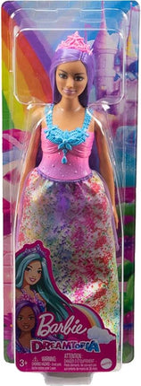 Barbie Dreamtopia Royal Fashion Doll with Curvy Body, Purple Hair & Sparkly Bodice Wearing Removable Skirt, Shoes & Headband Accessory