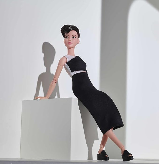 Barbie Signature Looks Doll (Petite, Brunette Pixie Cut) Fully Posable Fashion Doll Wearing Black Midi Skirt for Collectors