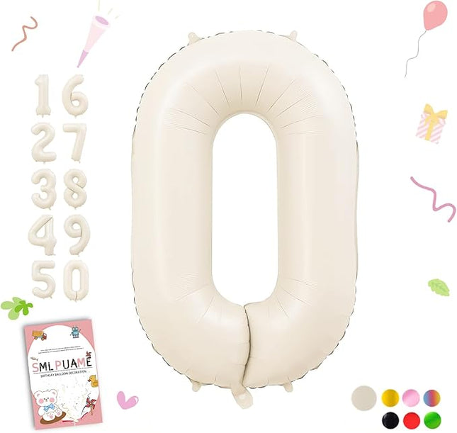 Smlpuame 40 Inch Cream Number Balloons 0-9, Giant Self-Sealing Beige Foil Number 0 White Sand Digit Helium Balloon for Boys Girls Women Men Party Anniversary Supplies Decorations