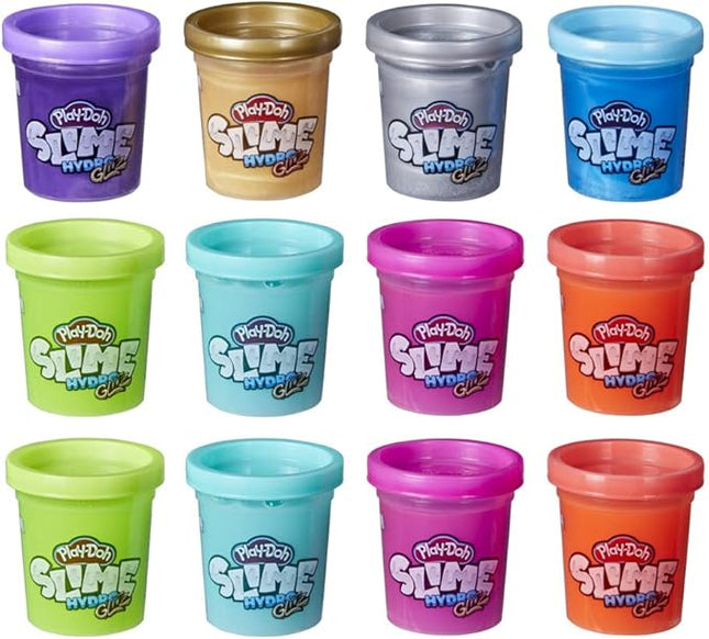 Play-Doh Slime HydroGlitz 12 Multipack of Assorted Metallic Colors for Kids 3 Years and Up, Slippery and Smooth Texture, Non-Toxic