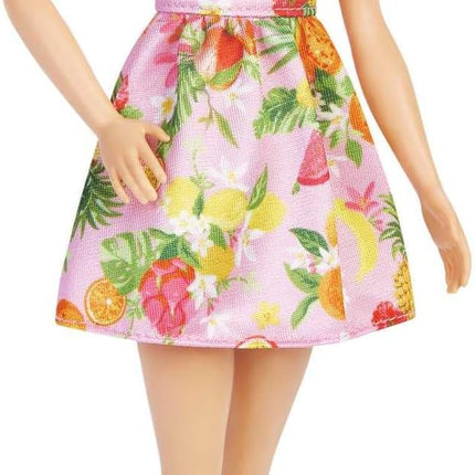 Barbie Fashionistas Doll, with Blonde Hair & Fruit Print Dress, Ruffled Sleeves, Orange Platform Heels, Pink Eyeglasses, Toy for Kids 3 to 8 Years Old