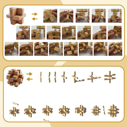 9PCS Brain Teaser Puzzles for Adults, Mind Puzzle Ancient Wooden and Metal Puzzles 3D Unlock Interlock IQ Education Puzzle Box Game for Adults