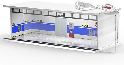 1/64 Scale Diecast Display Case for Hot Wheels Matchbox Cars, Toy Car Model Mini Garage with LED Light and Acrylic Cover, Stackable Parking Lot Diorama Storage for Collection Present