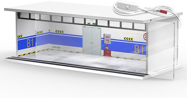 1/64 Scale Diecast Display Case for Hot Wheels Matchbox Cars, Toy Car Model Mini Garage with LED Light and Acrylic Cover, Stackable Parking Lot Diorama Storage for Collection Present