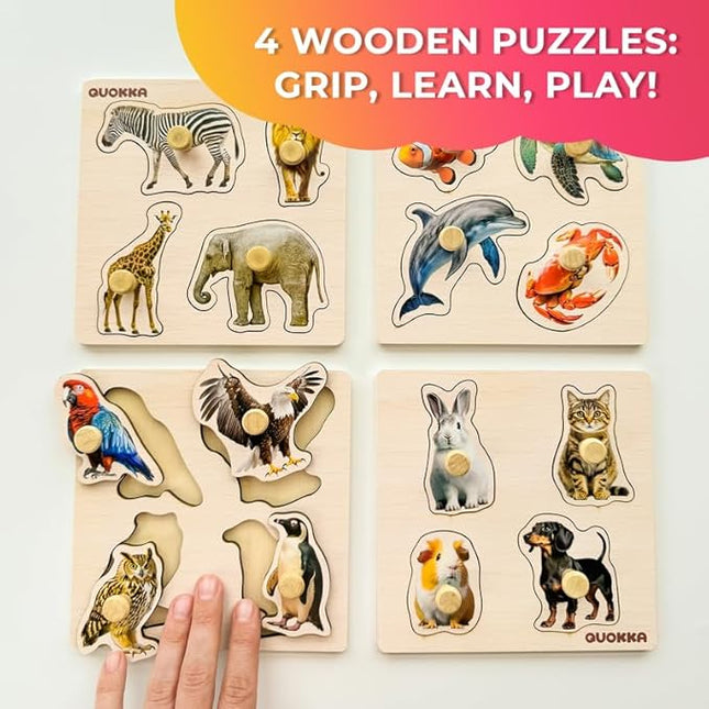 QUOKKA Wooden Puzzles for Toddlers 1-3 – 4 Set Pegged Puzzles for Kids Ages 2-4 – Animal and Birds Learning Toy for Kids – Gift Realistic Educational Game for Boy and Girl