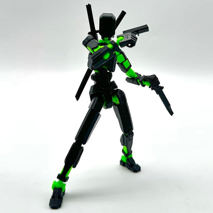 (Assembly Completed) 3D Printed Figure 5.54-inch Dummy13 with Weapon Expansion Set and Bracket, Full Body Mechanical Movable Toy, Desk Decoration. (Black+Green)