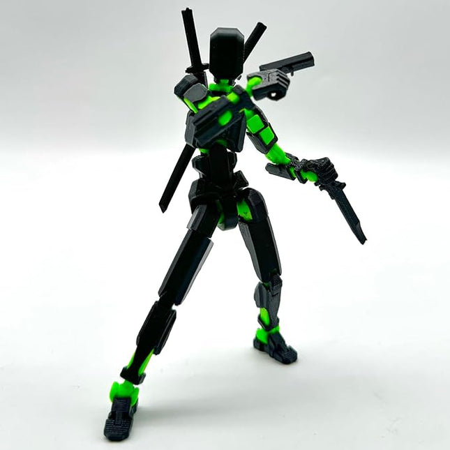 (Assembly Completed) 3D Printed Figure 5.54-inch Dummy13 with Weapon Expansion Set and Bracket, Full Body Mechanical Movable Toy, Desk Decoration. (Black+Green)