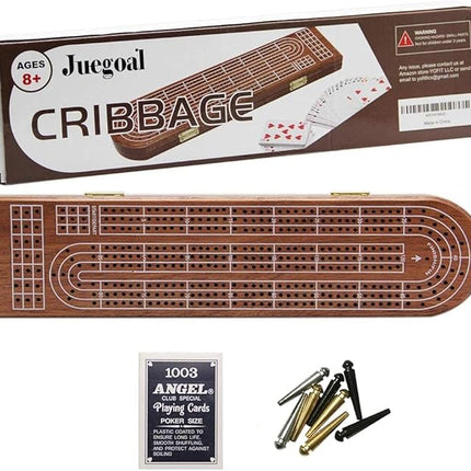 Juegoal Wood Cribbage Board Game Set 3 Tracks with Metal Pegs, Cards, Storage Area
