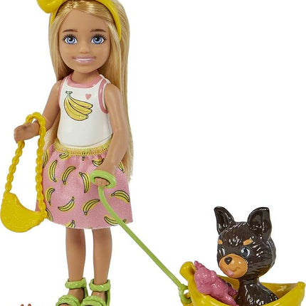 Barbie Chelsea Doll & Accessories, Blonde Small Doll with Removable Banana-Print Skirt, Puppy, Pet Bed & More