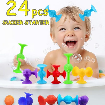 Suction Bath Toys for Baby, 24 Piece Starter Set Suction Cup Toys Preschool Sensory Fidget Toys for Toddlers 1-3 4-8 | No Hole Bath Toy | BPA Free Bath Toys (Large Size)