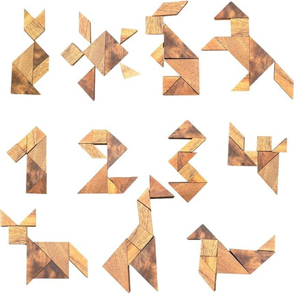 Wood Tangram - Wooden Brain Teaser Block for Kids & Adult - Wood Block Puzzle - Logic Puzzle - STEM Montessori Educational Sensory Toys for All Ages