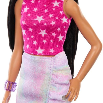 Barbie Fashionistas Doll #215 with Black Straight Hair, Pink Star-Print Top & Iridescent Skirt, 65th Anniversary Collectible Toy