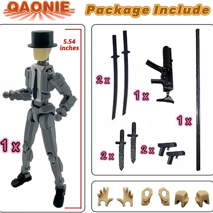3D Printed 5.54-inch Multi-Jointed Action Figures Dummy13, Full Body Mechanical Movable Toy, Multiple Accessories, Hand Painted Figure, Desk Decoration, Creative Gifts (Y-Gray Gentleman)