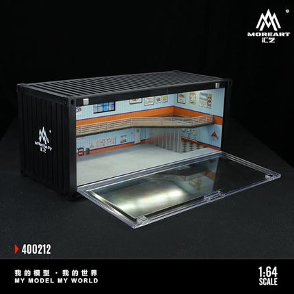 1:64 Scale Container Repair Shop Diorama with LED Lighting and Acrylic Cover – Model Car Garage for Hot Wheels, MiniGT, Matchbox – Workshop Display Case – 38.7x16.5x16.5 cm