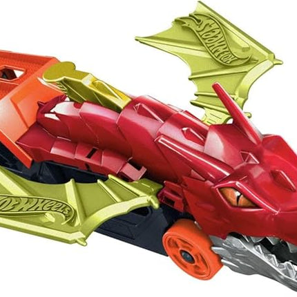 Hot Wheels City Toy Car Track Set, Dragon Launch Transporter & 1:64 Scale Car, Launch Vehicles from Creature's Mouth, Stores up to 5 Vehicles