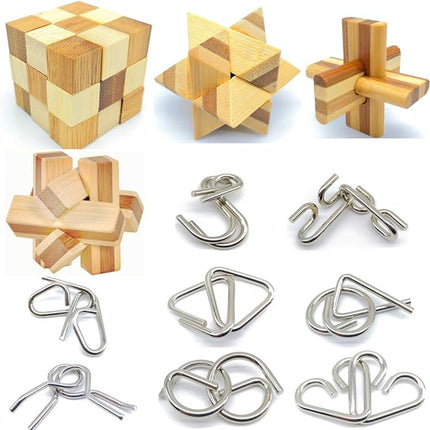 Qiandier Bamboo 3D Puzzle Metal Brain Teasers Puzzles Mind Game Toys Set for Teens and Adults Pack of 12pcs