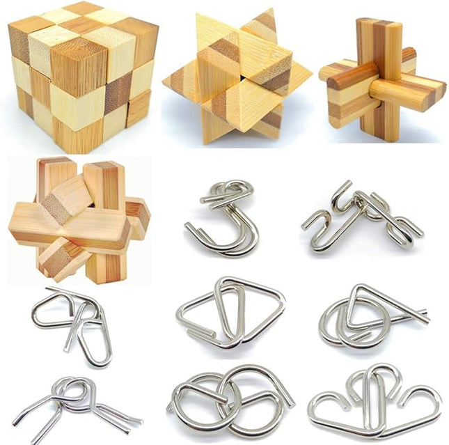 Qiandier Bamboo 3D Puzzle Metal Brain Teasers Puzzles Mind Game Toys Set for Teens and Adults Pack of 12pcs