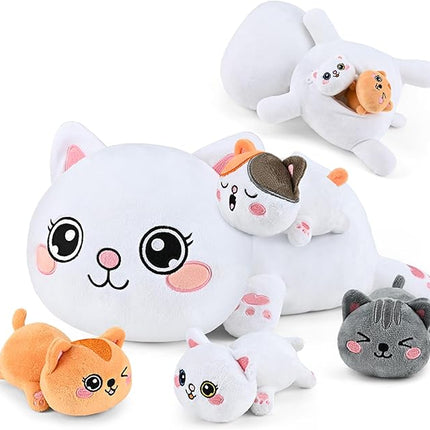 KMUYSL Cat Stuffed Animals Toys for Ages 0 1 2 3 4 5 6 7 8+ Years Old Kids - Mommy Cat with 4 Baby Kitty in Her Tummy, Idea Xmas Birthday Gifts for Baby, Toddler, Girls, Boys