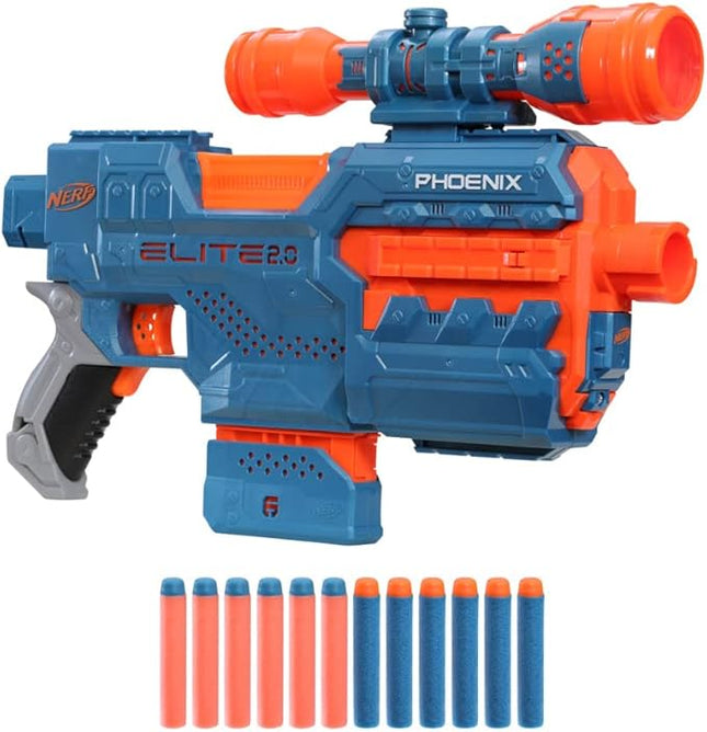 Nerf Elite 2.0 Phoenix CS-6 Motorized Blaster, 12 Official Darts, 6-Dart Clip, Scope, Tactical Rails, Barrel and Stock Attachment Points