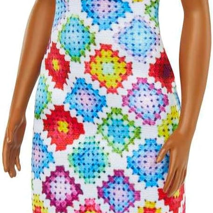 Barbie Fashionistas Doll #210 with Brunette Hair in Bun Wearing Removable Colorful Crochet Halter Dress, Sunglasses & Sandals