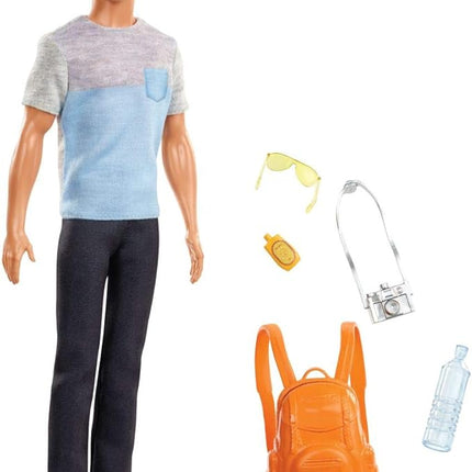 Barbie Ken Doll & 5 Travel-Themed Accessories, Includes Backpack that Opens & Closes, Fashion Doll with Dark Brown Hair