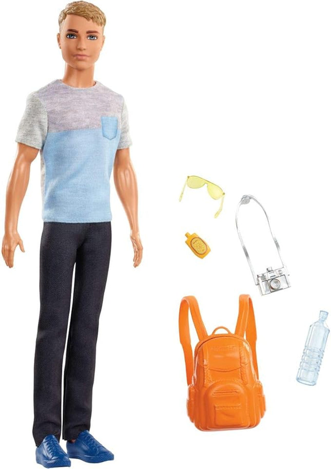Barbie Ken Doll & 5 Travel-Themed Accessories, Includes Backpack that Opens & Closes, Fashion Doll with Dark Brown Hair