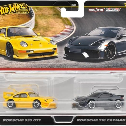 Hot Wheels HRR82 Premium 2 Pack Porsche 993 GT2/ Porsche 718 Cayman GT4 Vehicle Toy Minicar 3 Years Old and Up Multi