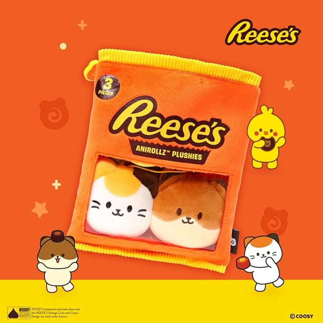 Anirollz x Hershey Reeses Snack Bag Mini Plush Set – Kawaii Collectible Plush Toys – 3-Color Kittiroll, Brown Foxiroll & Chickiroll