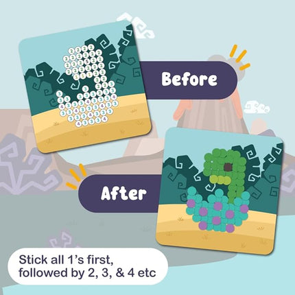 BINCA Dotties Dot Art Activity Kit, 1500+ Stickers, 8 Dinosaurs Mess-Free Activities, DIY Dot Sticker Art for Toddlers, Kids Travel Activities, Craft Kits & Gifts for Girls Ages 4,5,6,7