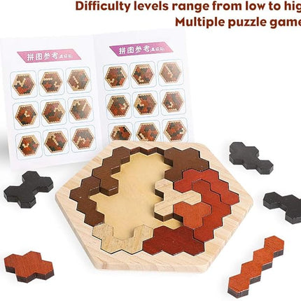 Skrtuan Wooden Hexagon Puzzle for Kids & Adults, Montessori STEM Educational Toy with Colorful Shapes, Logic IQ Brain Teaser Game for Kids, Geometry Tangram Gift