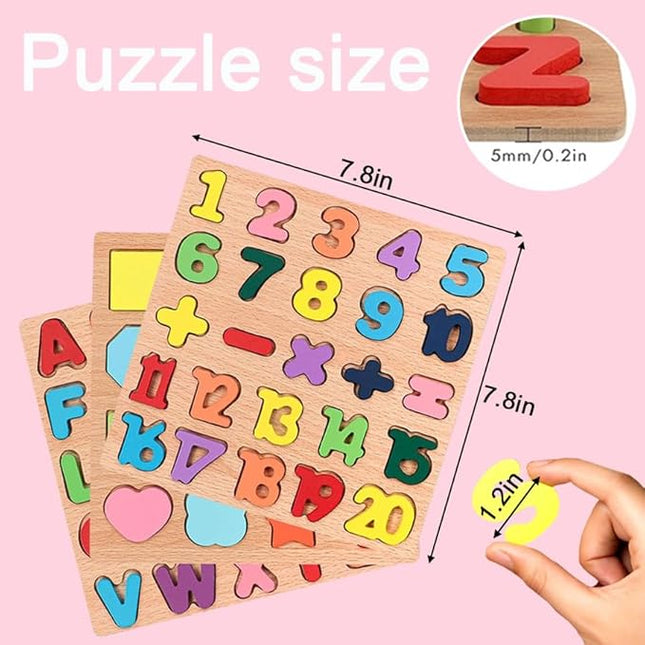 Wooden Puzzles for Toddlers, 3pack Alphabet Shape Puzzles for Kids 3 Wooden Montessori Toddler Alphabet Number Shape for Kids 3 Years Old Boys & Girls