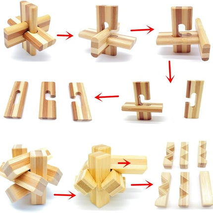 Qiandier Bamboo 3D Puzzle Metal Brain Teasers Puzzles Mind Game Toys Set for Teens and Adults Pack of 12pcs