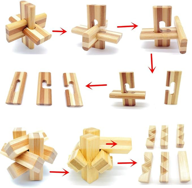Qiandier Bamboo 3D Puzzle Metal Brain Teasers Puzzles Mind Game Toys Set for Teens and Adults Pack of 12pcs