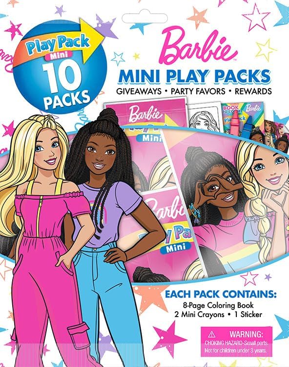 Barbie Play Packs | Barbie Party Favors Goodie Bags | Grab & Go Each with Coloring Book, 2 Mini Crayons, and a Barbie Sticker Sheet Goody Bag | Officially Licensed | 10-Pack