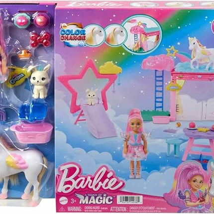 Barbie A Touch of Magic Chelsea Small Doll & Pegasus Playset with Stable, Slide, Pet Bunny 10+ Accessories, Color-Change Winged Horse Toy