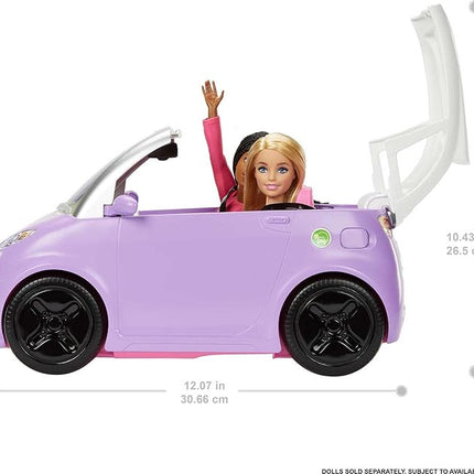 Barbie Doll Accessories, Toy Car Electric Vehicle with Charging Station, Plug & Sunroof, Purple 2-Seater Transforms into Convertible
