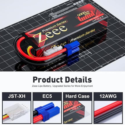 Zeee Premium Series 3S Lipo Battery 5000mAh 11.1V LCG Hard Case Batttery Height 25mm 120C with EC5 Connector for RC Car Truck Tank Racing Hobby (2 Pack)