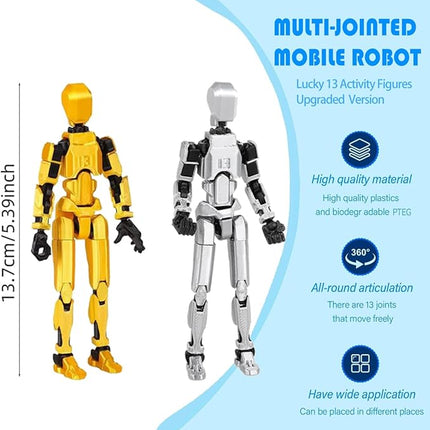 T13 3D Action Figure Set (Assembly Completed) 2 Pcs, 3D Printed Multi-Jointed, Titan 13 Action Figures, Multi-Articular Lucky Mobile Robot Nova,Desktop Decorations for Game Lovers Toys (Sliver Gold)