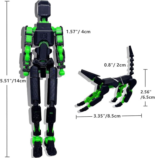 T13 Action Figures Set (Assembly Completed) Dummy 13 Titan 13 Robot Action Figure 3D Printed Robo Multi-Jointed Movable Action Figure Toy with Full Articulation (Black + Green Figure + Dog)