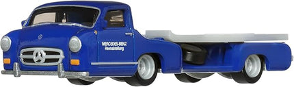 Hot Wheels Team Transport Culture Die-cast Cars, Mercedes-Benz 300 SL, MB Blaues Wunder Flatbed Truck, 1:64 Scale Model