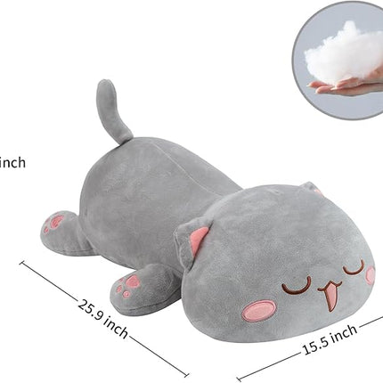 AFAN Cat Stuffed Animals Plush Cute Soft Cat Plush Pillow Toys Kawaii Plushies Room Decor Gifts for Kids Girls Boys (Squinted Eyes, Grey, 25.9 Inch)