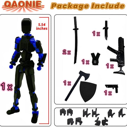 (Assembly Completed) 3D Printed Figure 5.54-inch Dummy13 with Weapon Expansion Set and Bracket, Full Body Mechanical Movable Toy, Desk Decoration. (Black+Blue)