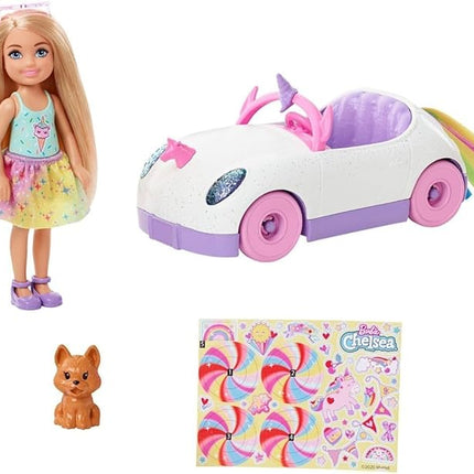 Barbie Chelsea Toy Car Set with Unicorn Theme, Blonde Small Doll in Removable Skirt, Pet Puppy, Sticker Sheet & Accessories