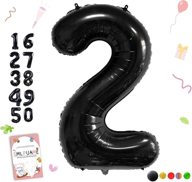 Smlpuame 40 inch Number Balloon 0-9 Black Large Number 2 Balloons,Digital Balloons for Birthday Party Celebration Decorations Supplies, Helium Foil Number Balloons for Wedding Anniversary