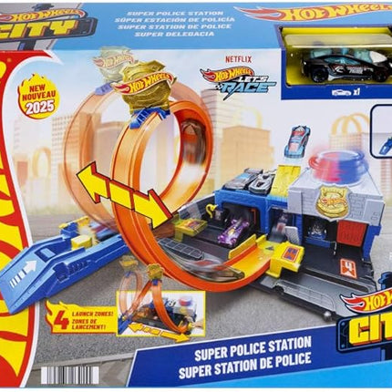 Hot Wheels Toy Car Track Set, Super Police Station Playset with 1:64 Scale Die-Cast Vehicle, Adjustable Loop for Multiple Ways to Race & Stunt
