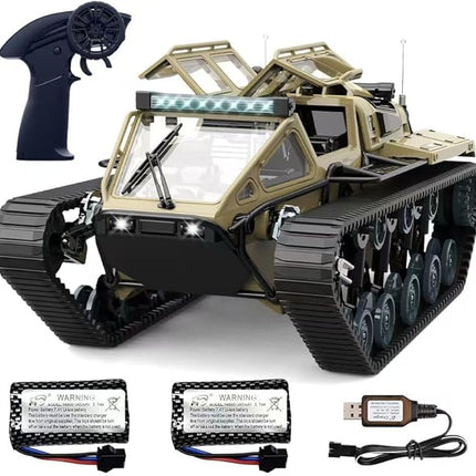 RC Tank Car, 1:16 Remote Control Crawler 10KM/H High Speed Tank, 2.4Ghz RC Rock Crawler Off-Road 4WD 360°Rotating Drifting Car with 2 Batteries, Military Truck Toy for Kids