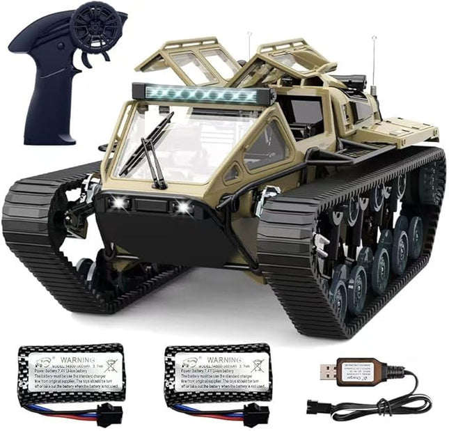 RC Tank Car, 1:16 Remote Control Crawler 10KM/H High Speed Tank, 2.4Ghz RC Rock Crawler Off-Road 4WD 360°Rotating Drifting Car with 2 Batteries, Military Truck Toy for Kids